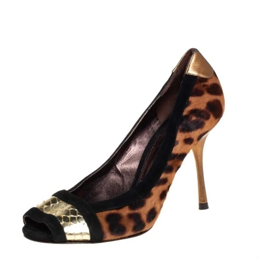 Dolce & gabbana / pony calf hair leopard multi peep open toe pumps 39 9 heels